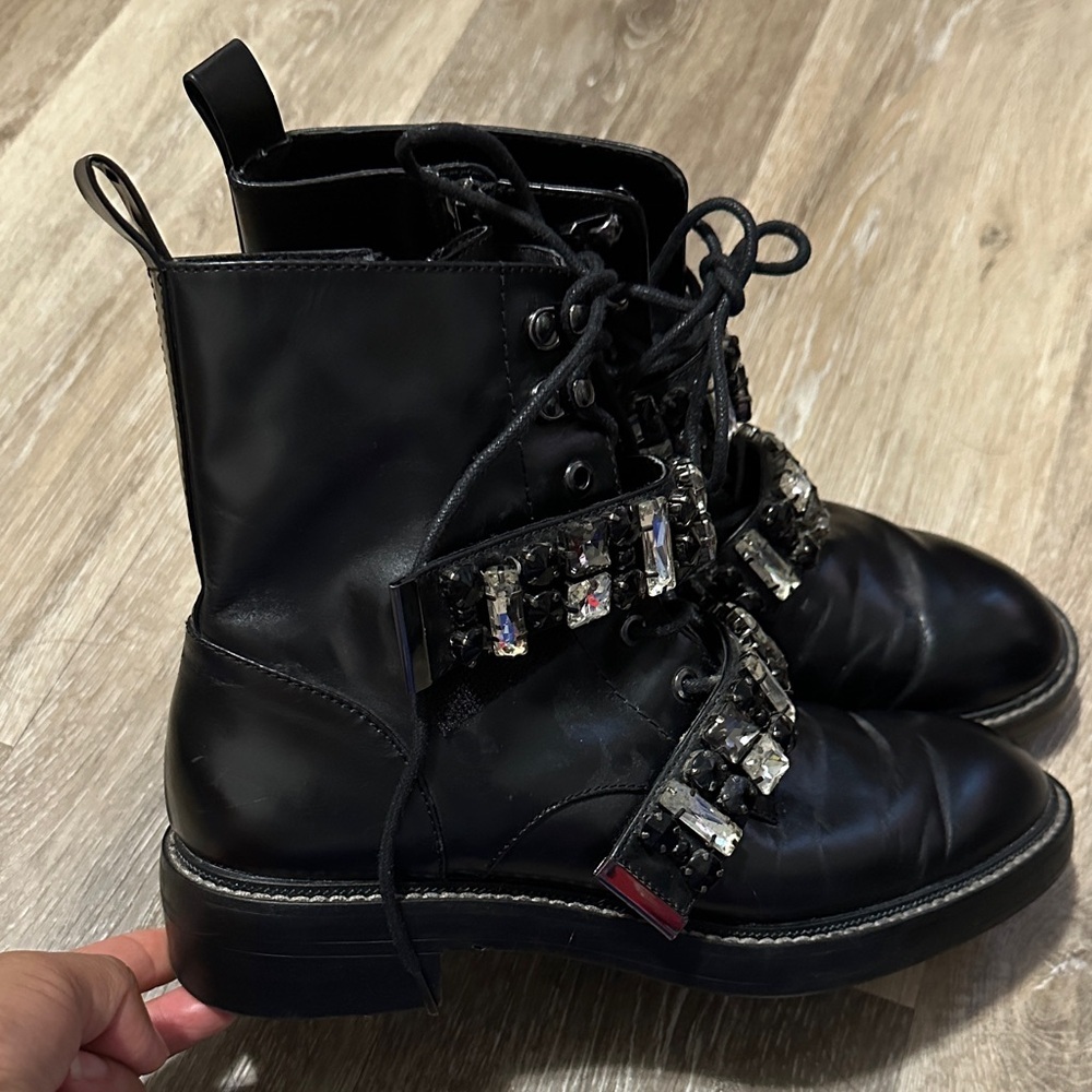 Zara Black Lace-Up Combat Boots with Crystal Straps